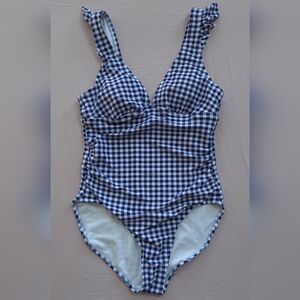 Kona Sol Gingham Ruffle Shoulder One Piece Swimsuit | Navy Blue/White | Size S
